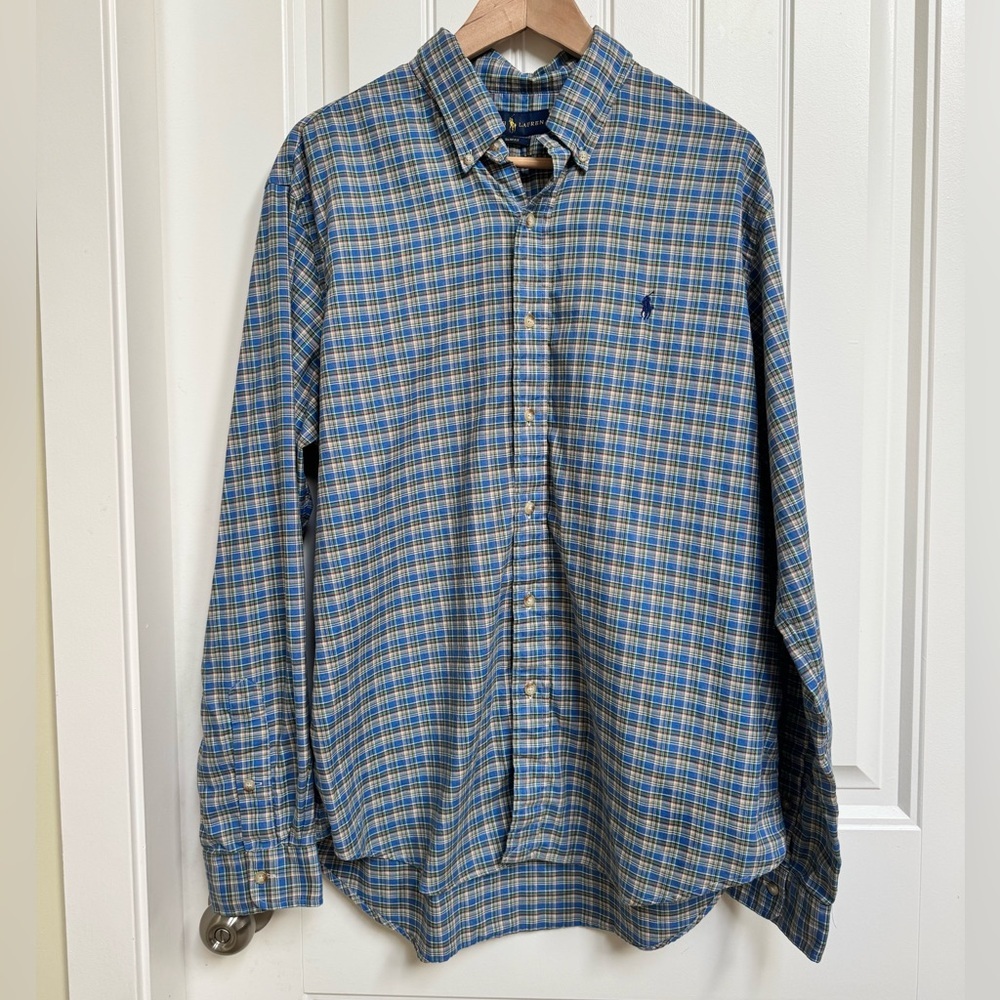 Ralph Lauren Green & Blue Small Check Plaid Button Down Slim Fit Cotton Shirt XL